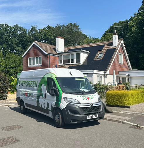Evergreen Power UK van outside a solar-powered home